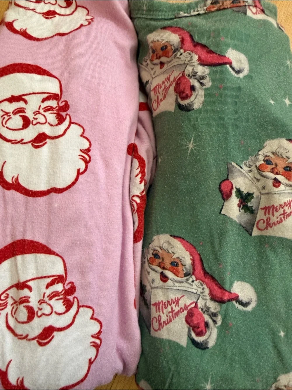 Velveteen Santa Print Kids Footie Pajamas in Green & Pink